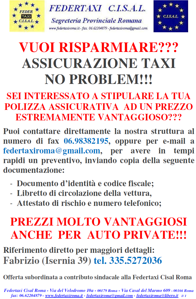 ASSICURAZIONE TAXI NO PROBLEM Su FEDERTAXI C.I.S.A.L